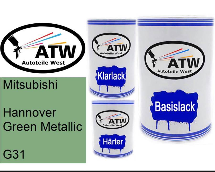 Mitsubishi, Hannover Green Metallic, G31: 500ml Lackdose + 500ml Klarlack + 250ml Härter - Set, von ATW Autoteile West.
